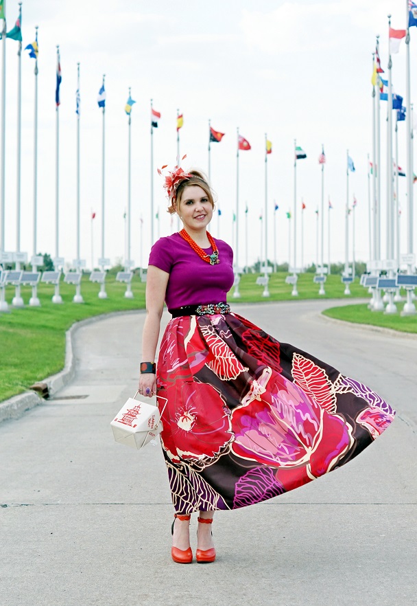 Winnipeg Style Fashion Consultant Stylist Blog, Chicwish exotic blooms floral maxi skirt, Kate Spade hello shanghai cruz take out chinese box clutch handbag, BCBG Max Azria crystal belt, Heidi Daus Leap Frog necklace, Jacques Vert feather red white fascinator, dconstruct eco-friendly recycled bangle, Isaac Mizrahi citron bow watch, John Fluevog limited edition Queen Transcendent Nefertiti tomato red black pink leather unique art heels 